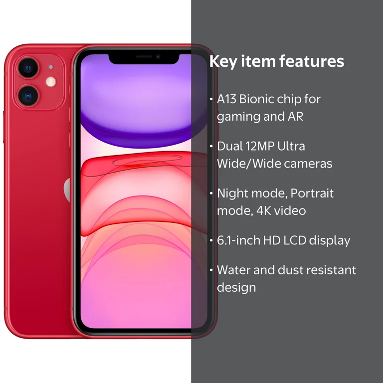 Straight Talk Apple iPhone 11, 64GB, Red- Prepaid Smartphone