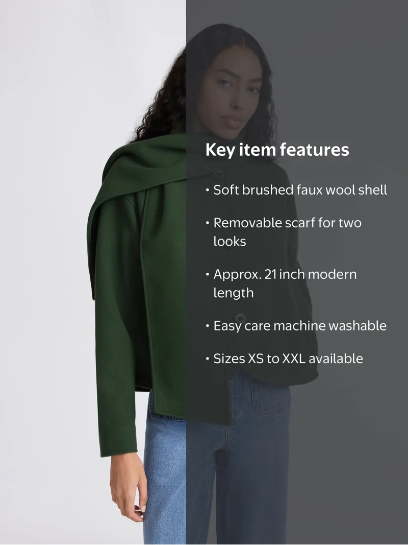 Free Assembly Women's Faux Wool Jacket with Scarf, Sizes XS-XXL