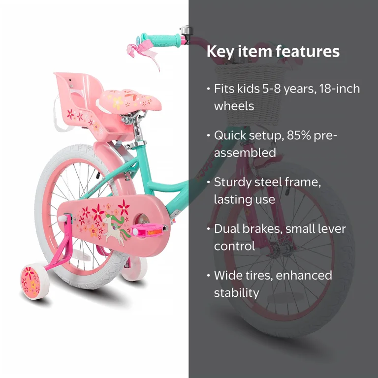 JOYSTAR Unicorn 18inch Girls Bike, Green, DIY Decals, Basket, Doll