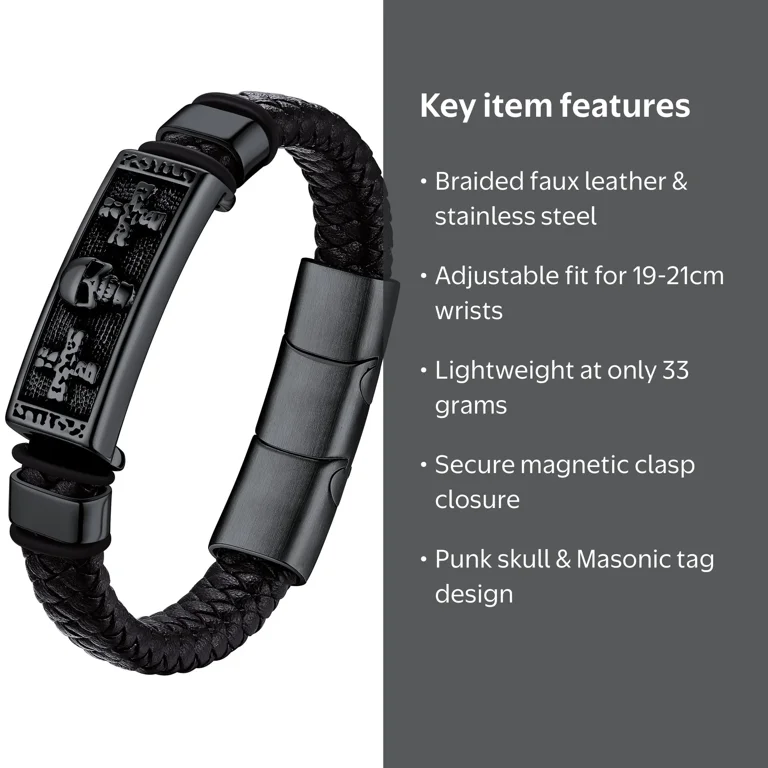 Bestyle Men's Leather Bracelet Gothic Punk Skull Cross Tag