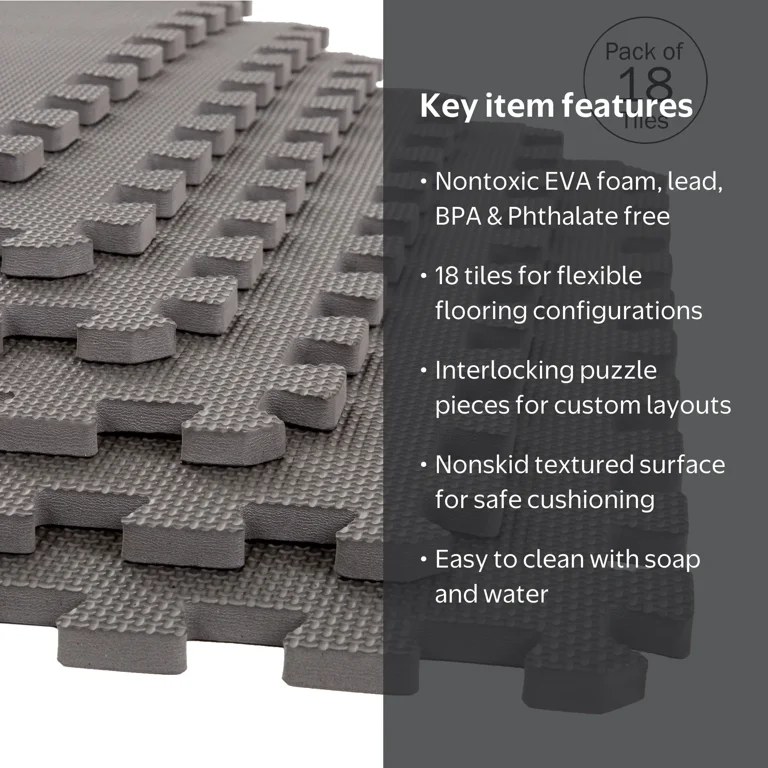 ブルックリンワークス FABRIC FOAM MAT Foam Flooring Tiles – 18-Pack Interlocking EVA Foam Pieces – Non