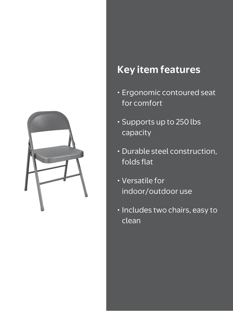 2 pack) Mainstays All-Steel Metal Folding Chair, Gray - Walmart.com