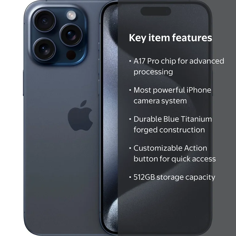 Apple iPhone 15 Pro Max, Unlocked, 512GB Blue Titanium