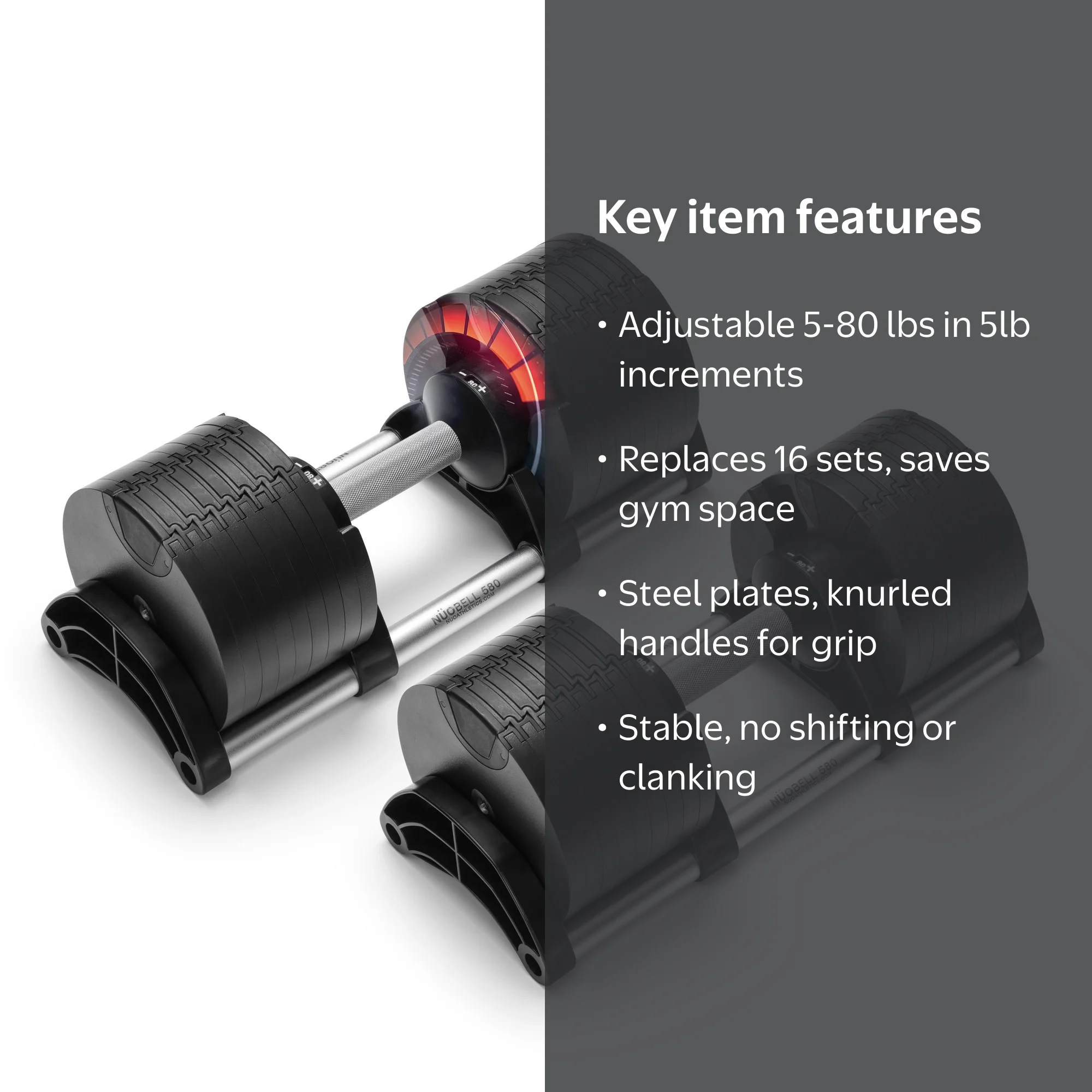 Finer Form Nuobell Adjustable Dumbbells, 5-80 lbs, Click-and-Lock