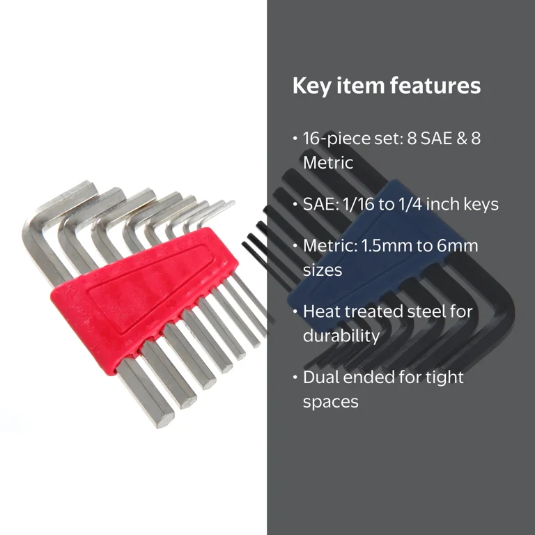 Hyper Tough 16 Piece Hex Key Set with 8 SAE and 8 Metric Sizes
