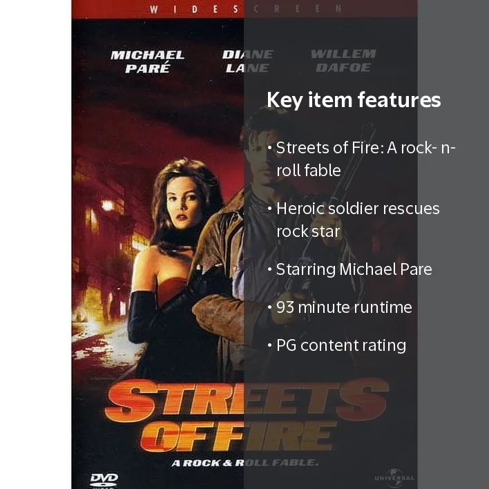 SDS, DVD, Streets of Fire PG 93 mins color closed captioned