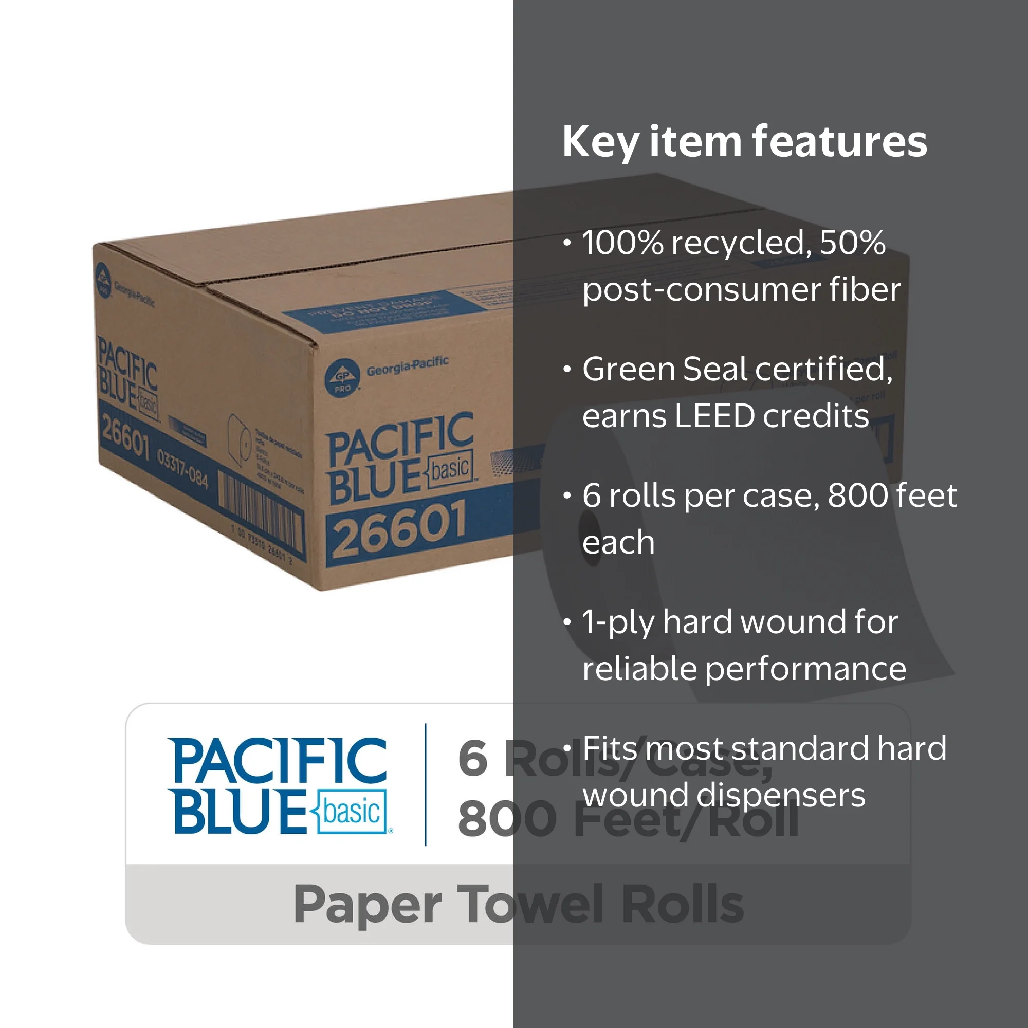 GP PRO Pacific Blue Basic, Recycled Paper Towel Roll, 26601, 800