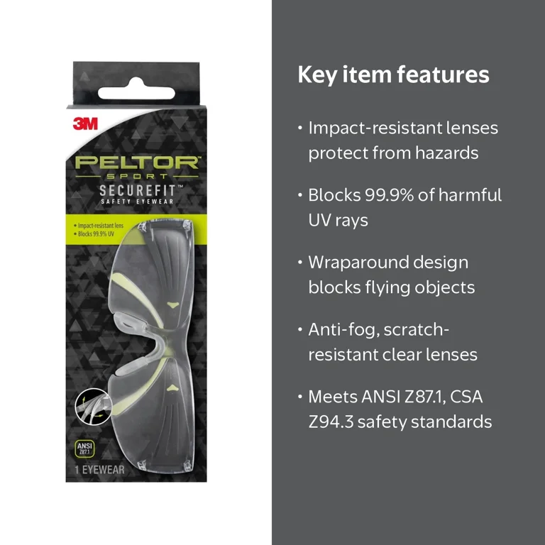 Peltor Sport SecureFit Safety Glasses, SF400-PC-9, Clear Plastic