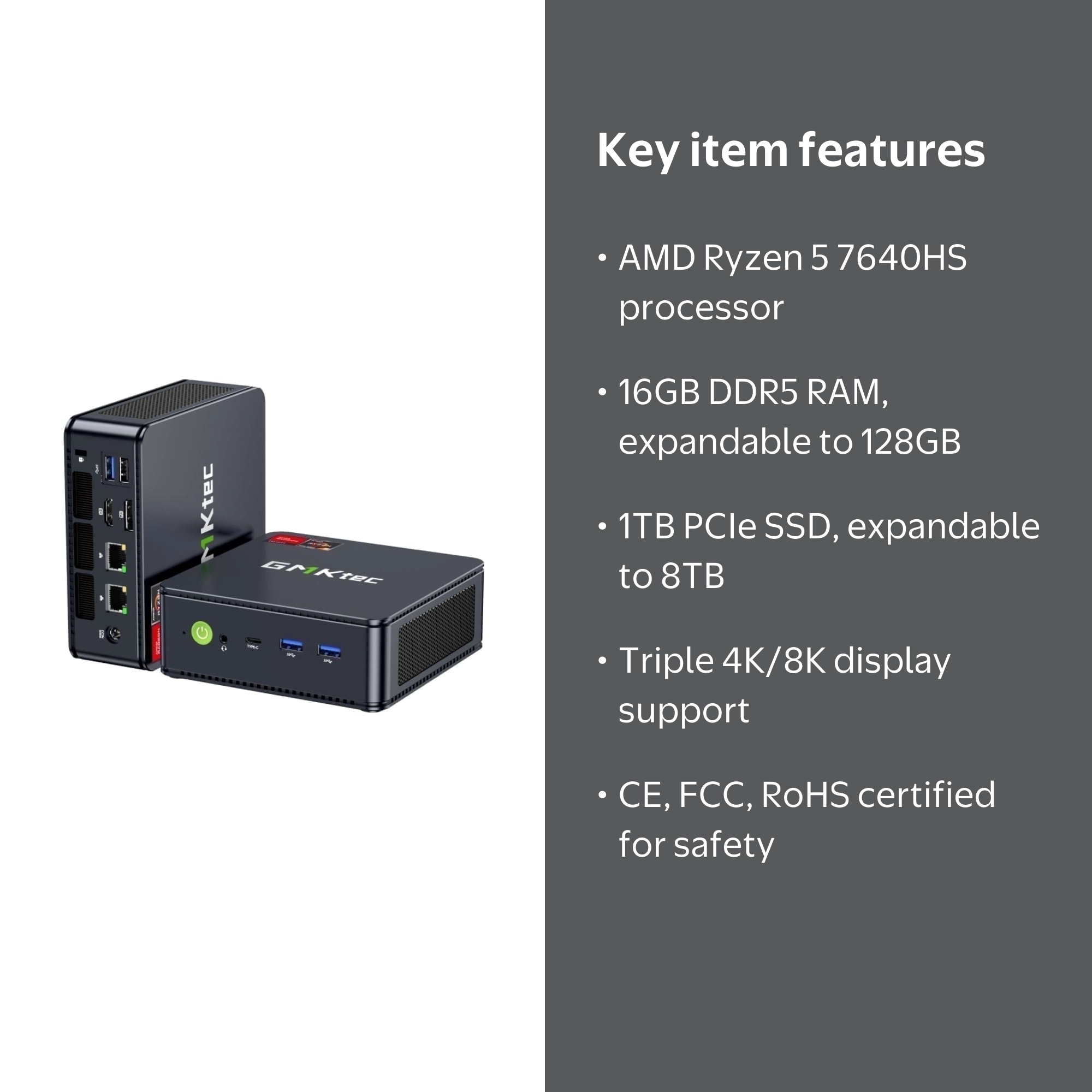 GMKtec, Mini Gaming PC, AMD Ryzen 5 7640HS, 16GB RAM 1TB SSD