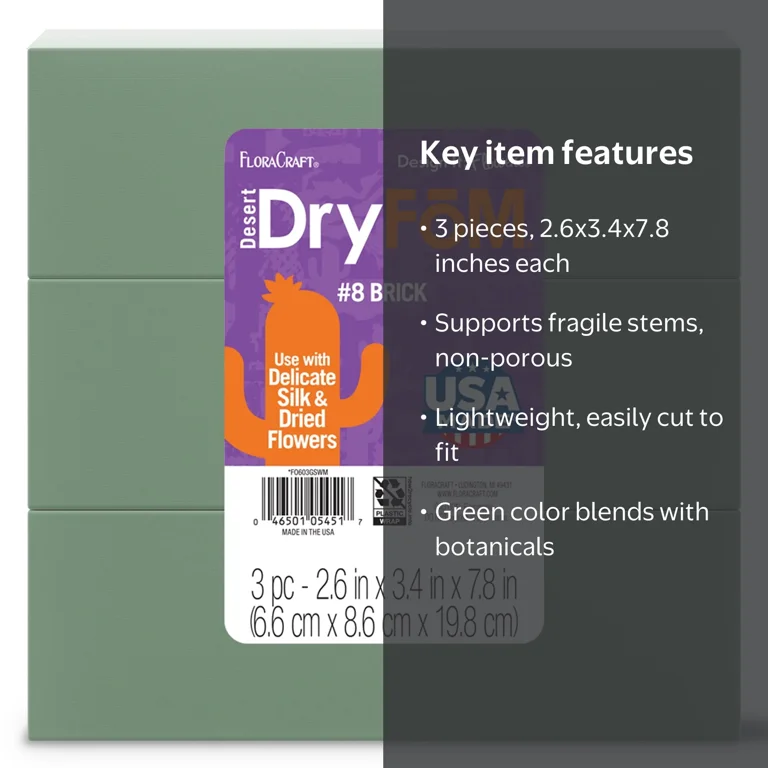 FloraCraft Floral Desert DryFōM Brick, 3pk, Green, Polyurethane