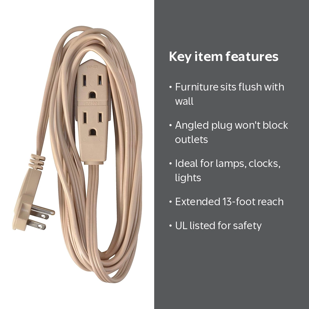 Slimline 2255 Flat Plug Extension Cord, 3-Wire, 13-Foot, Beige