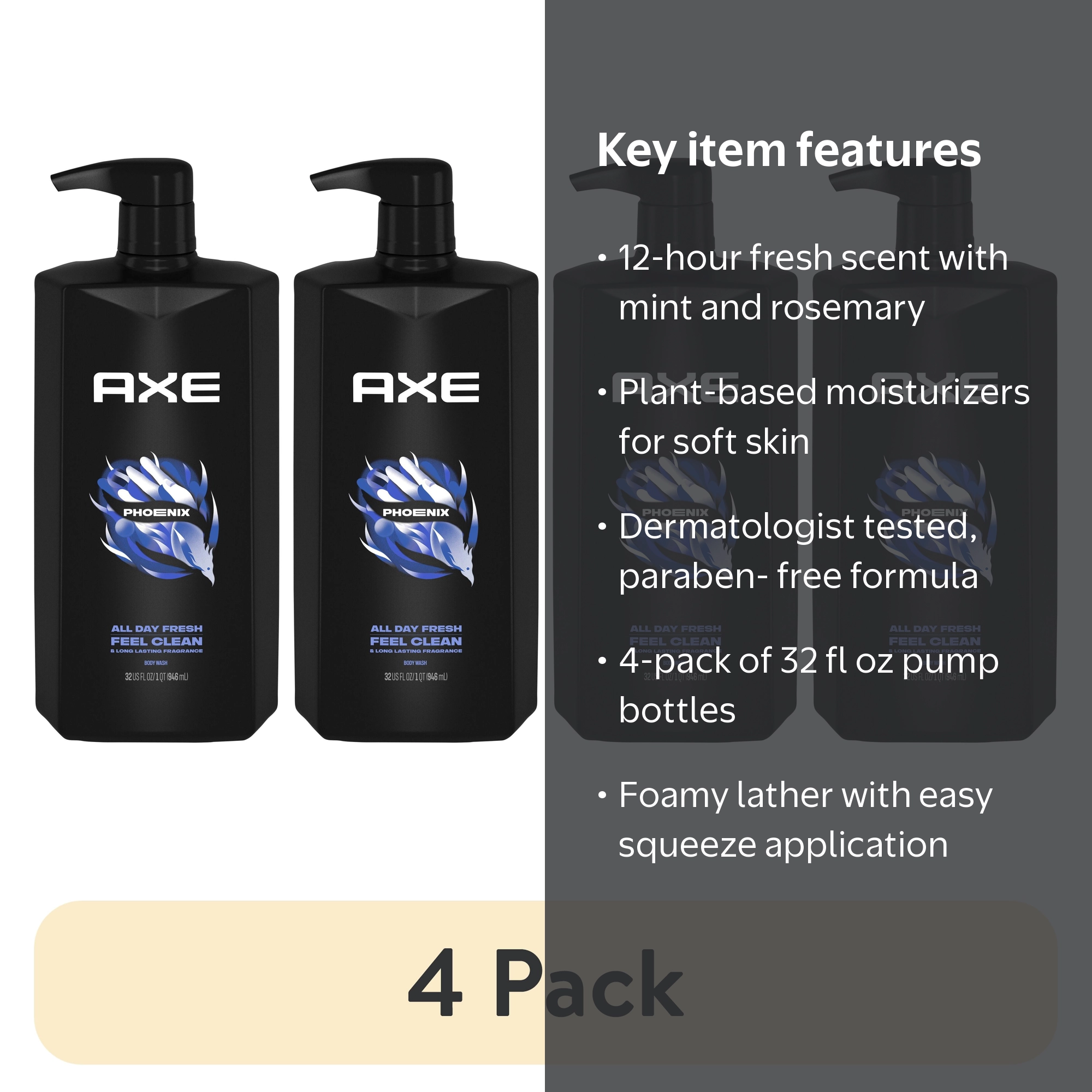 4 pack) Axe Body Wash 12h Refreshing Scent Phoenix Crushed Mint