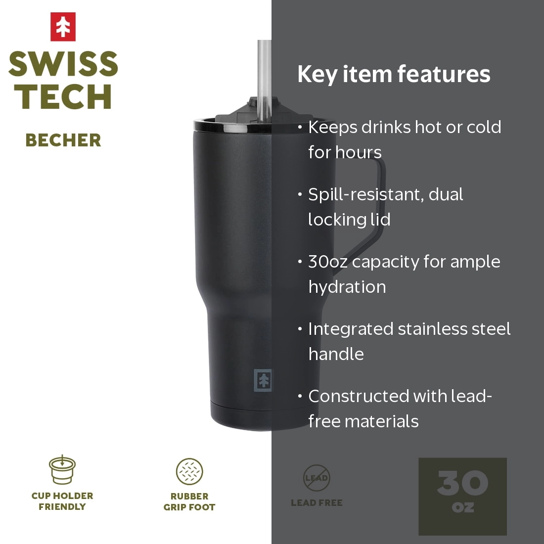 Swiss Tech Becher Black 30oz Water Bottle with Handle, Triple-Wall