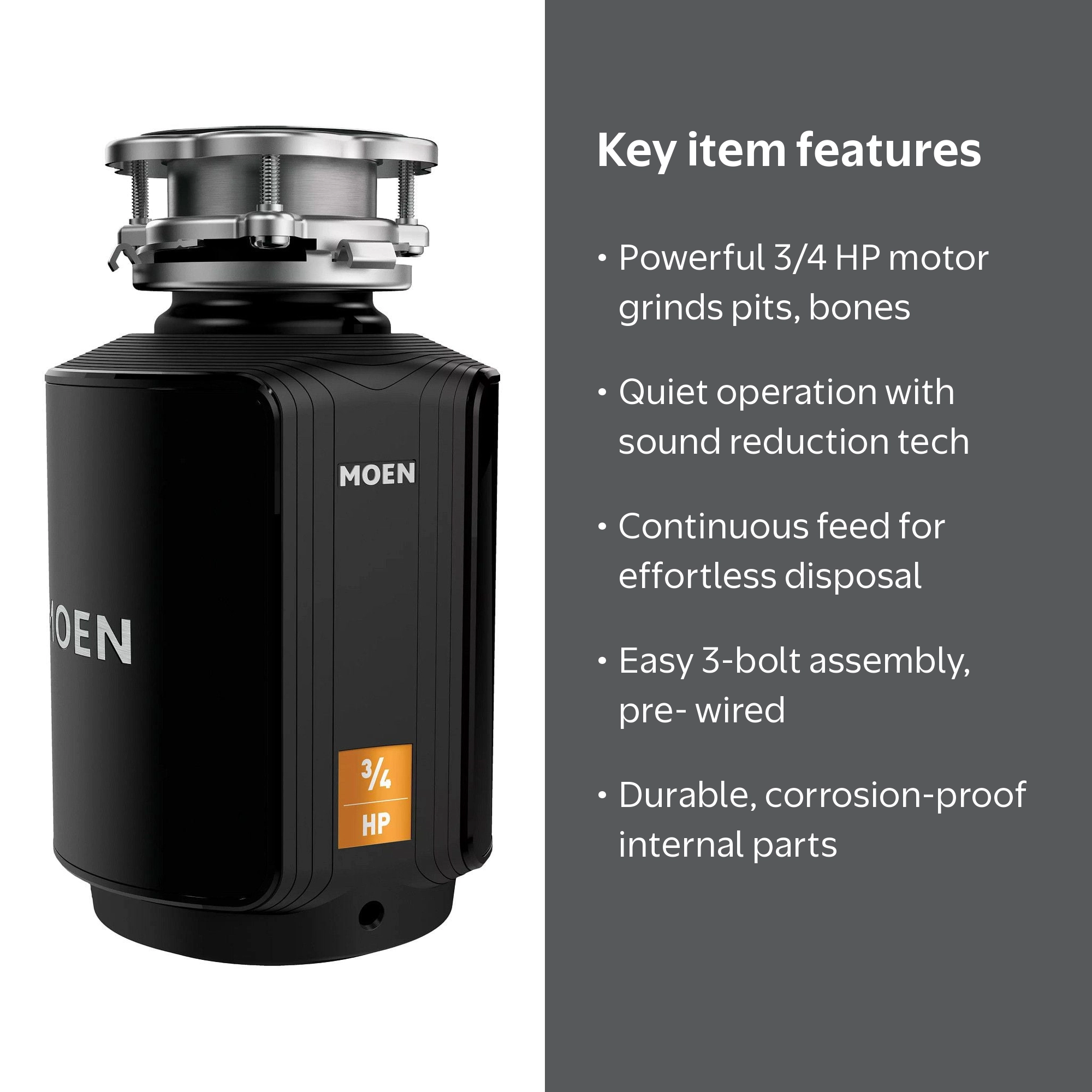Moen, Garbage Disposal, GXS75C Host Series 3/4 HP, Sound Reduction