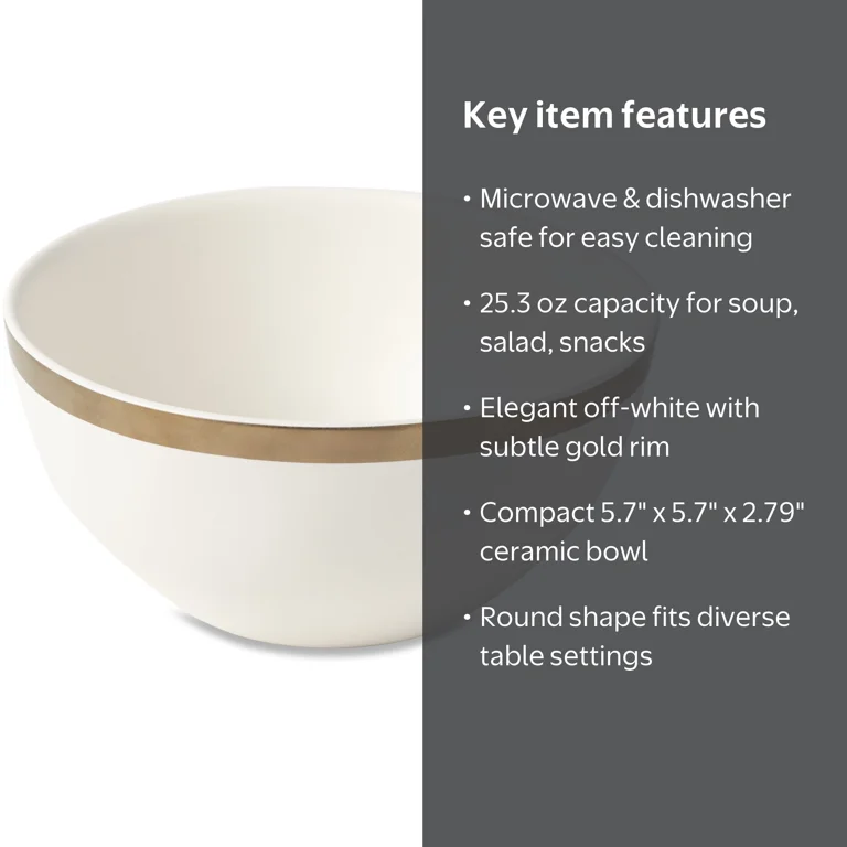 Thyme & Table Everest Ceramic Bowl Off-White with Gold Rim