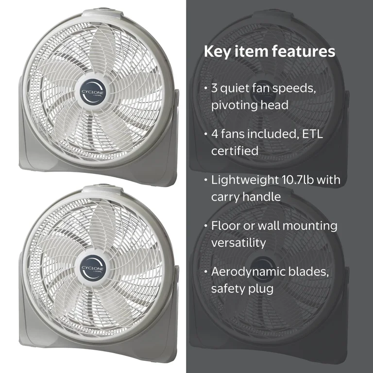 Lasko 20 Inch Cyclone Floor or Wall Mounted Pivoting Fan, White (4