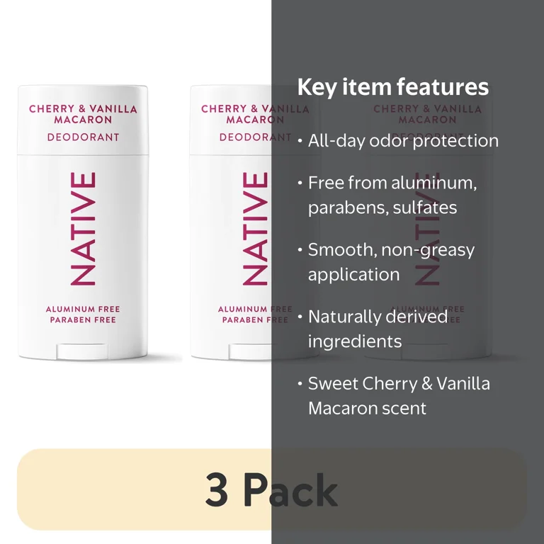 3 pack) Native Deodorant, Aluminum Free, Cherry & Vanilla Macaron