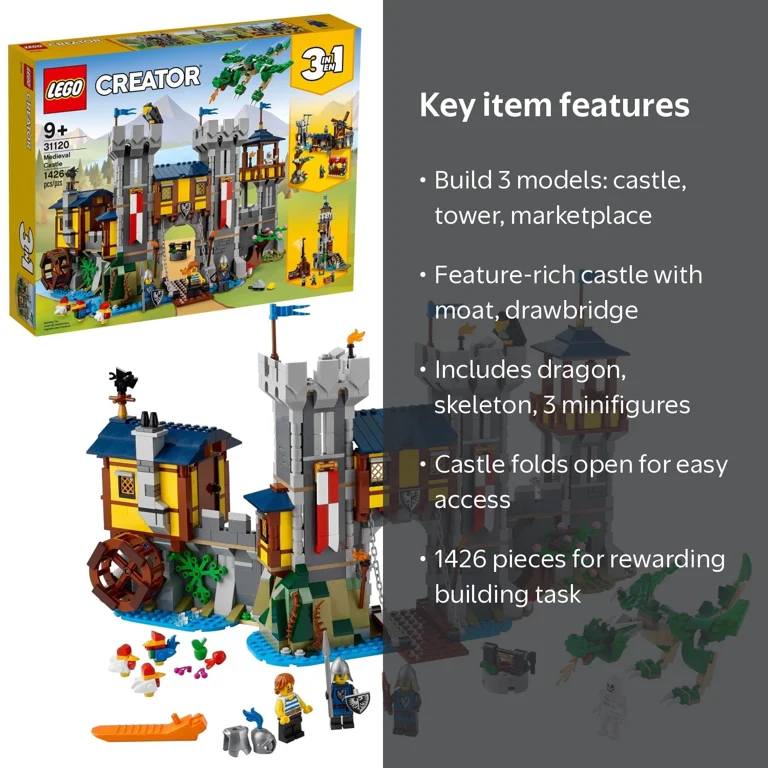 LEGO, Medieval Castle, 3 in 1 with Dragon, Minifigures, 1426