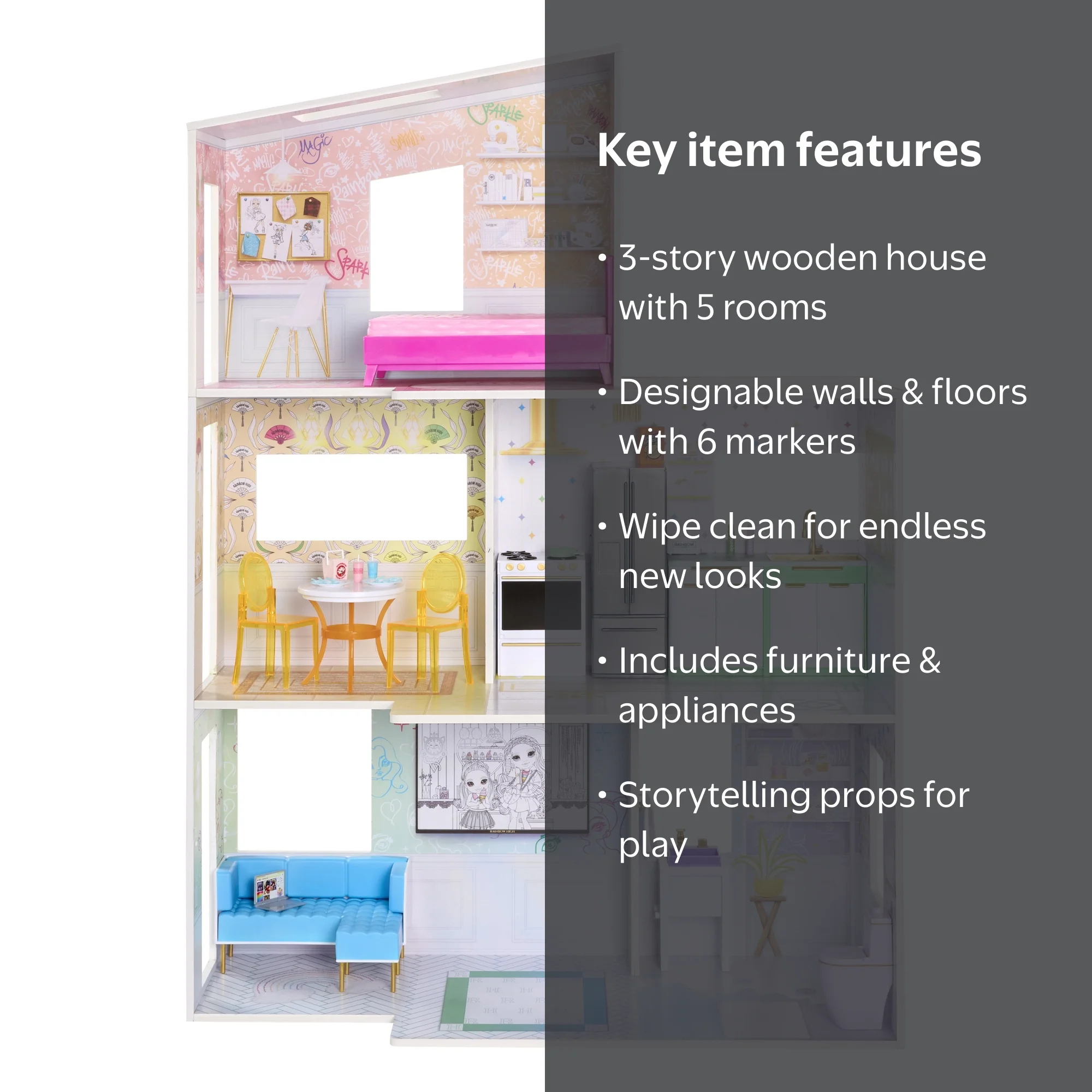 Rainbow High Color & Play 3-Story Doll House, Design All Walls