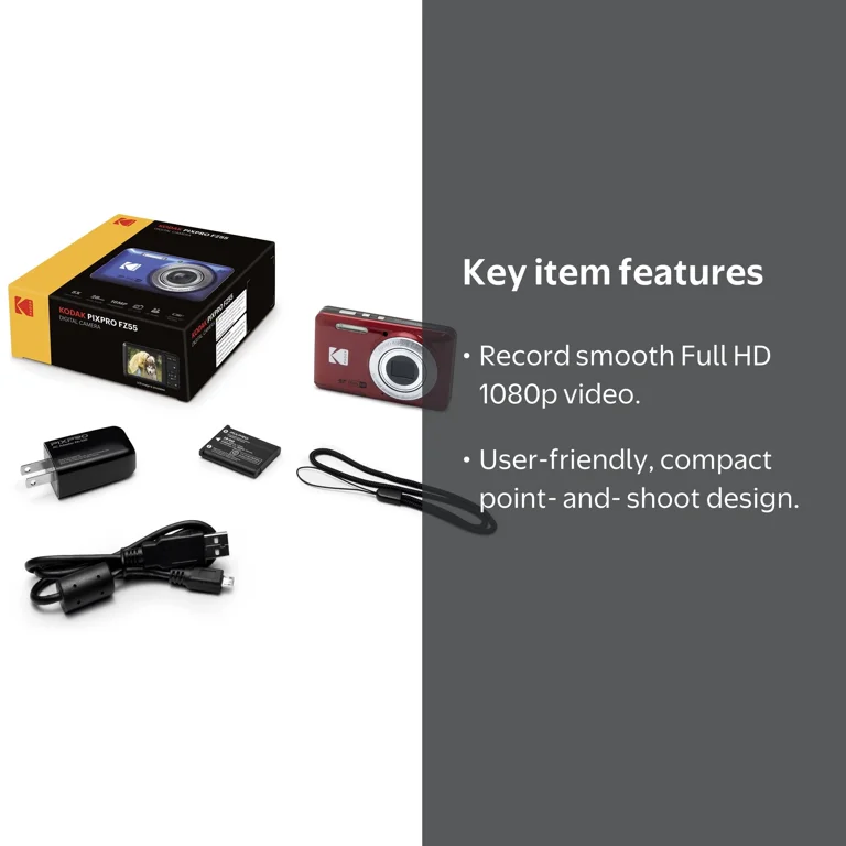 Kodak PIXPRO FZ55 Easy Bundle Camera, Red, with 64GB SD Card, Case
