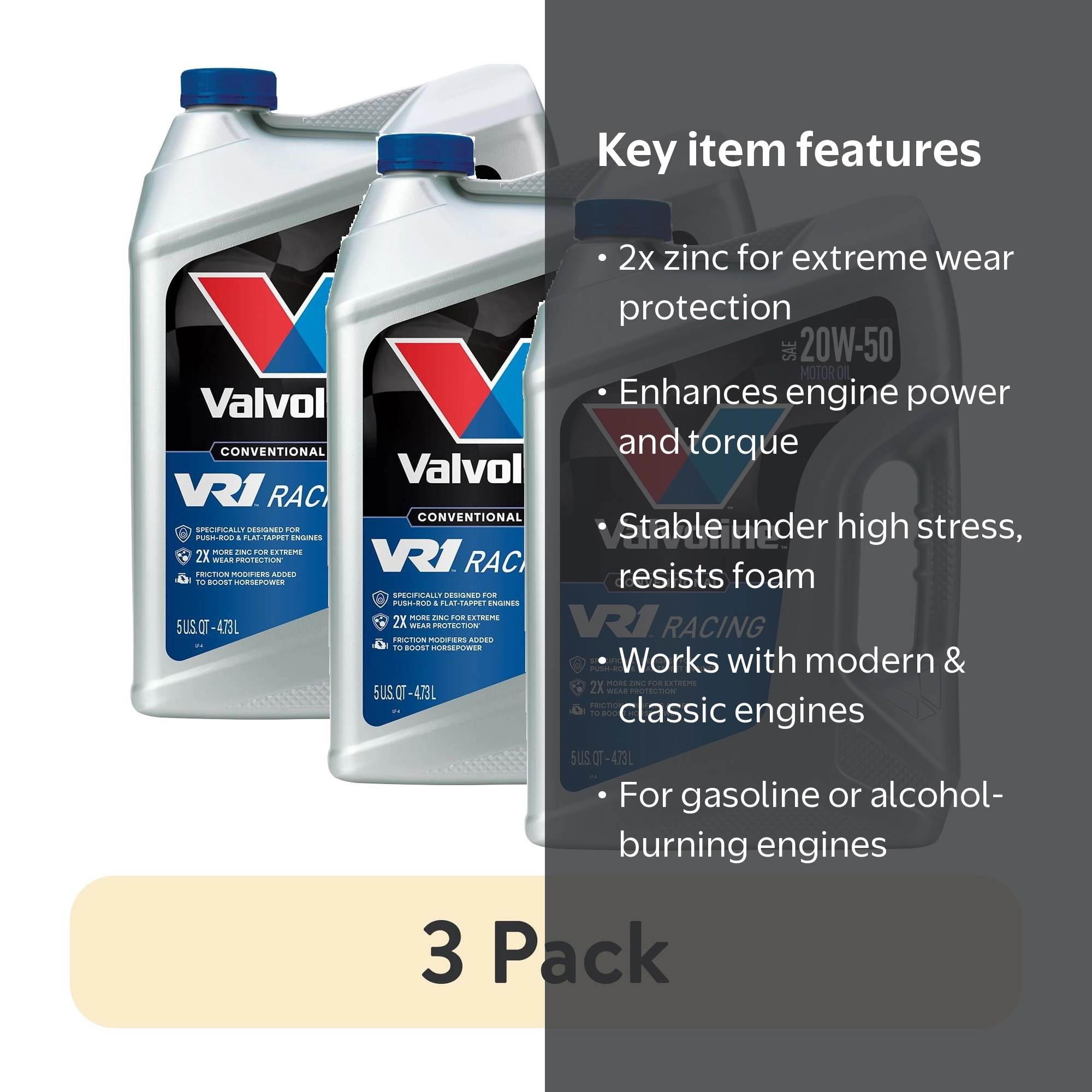 3 pack) Valvoline VR1 Racing SAE 20W-50 Conventional Motor Oil, 5
