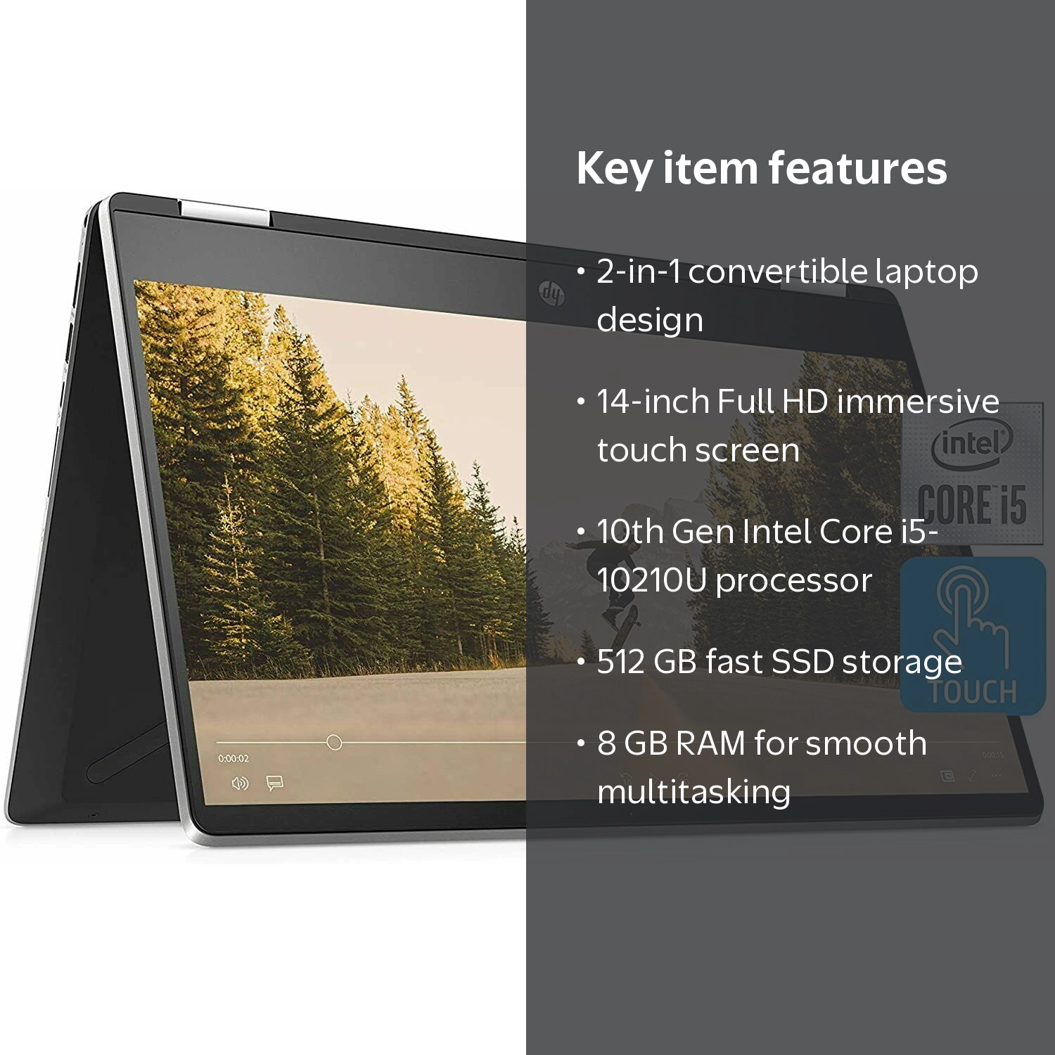 HP Pavilion x360 14” Laptop, 10th Gen Intel i5, 8GB RAM, 512GB SSD
