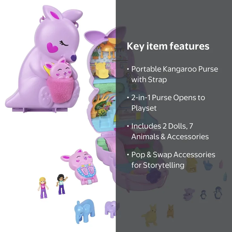 Polly Pocket 2-in-1 Mama and Joey Kangaroo Purse, Travel Toy with