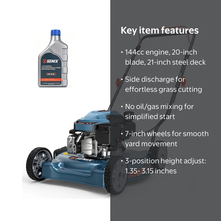 SENIX Gas Lawn Mower, 20in Cutting Blade, 21in Steel Deck with