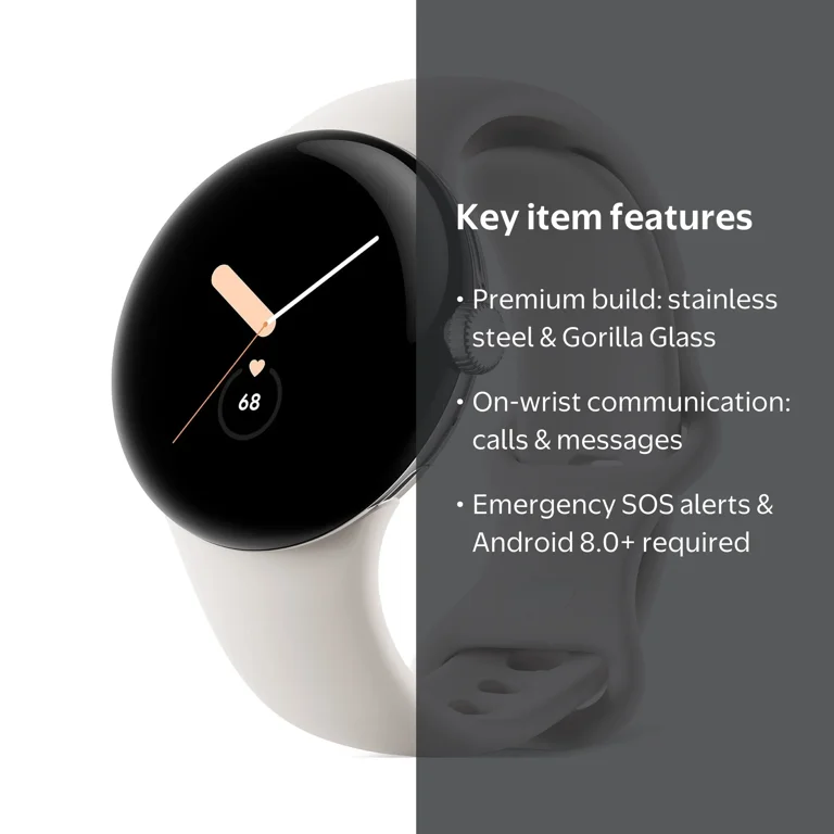 Google Pixel Watch, Polished Silver Stainless Steel Case, Chalk