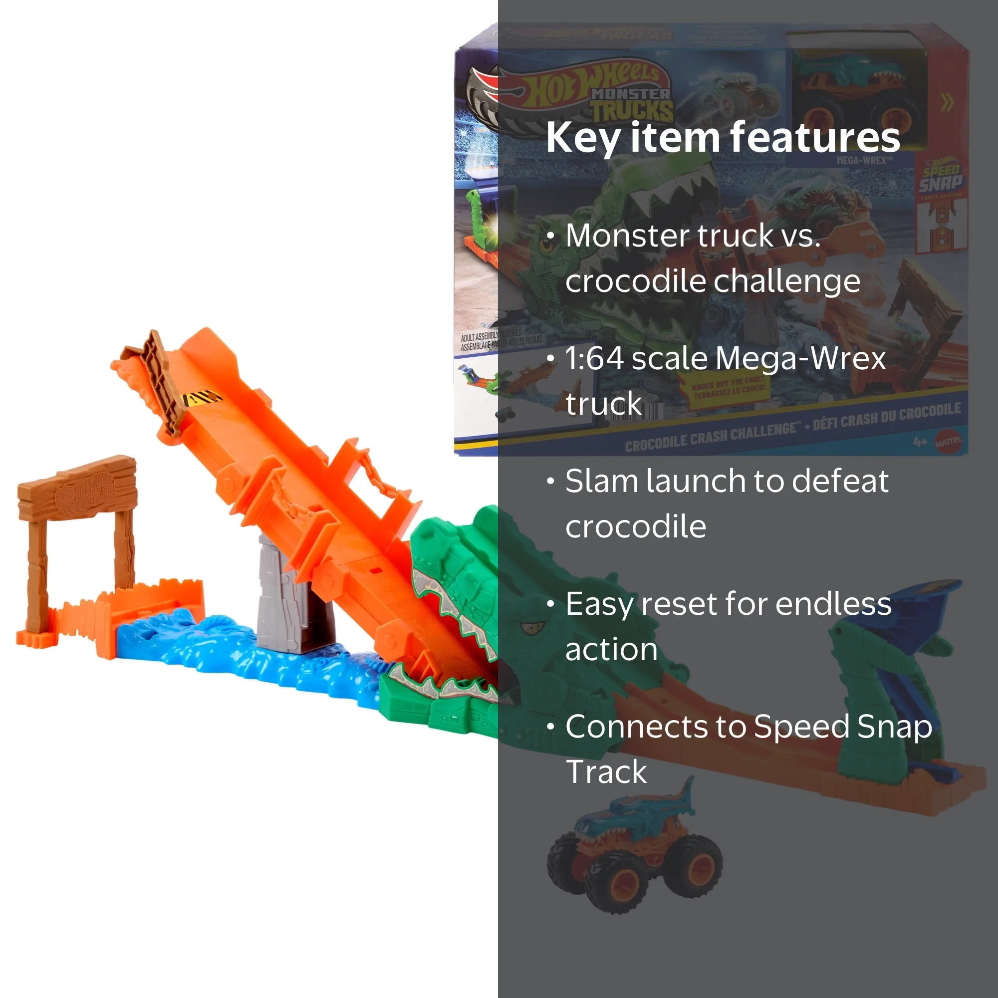 Hot Wheels Monster Trucks Crocodile Crash Challenge Playset & 1:64