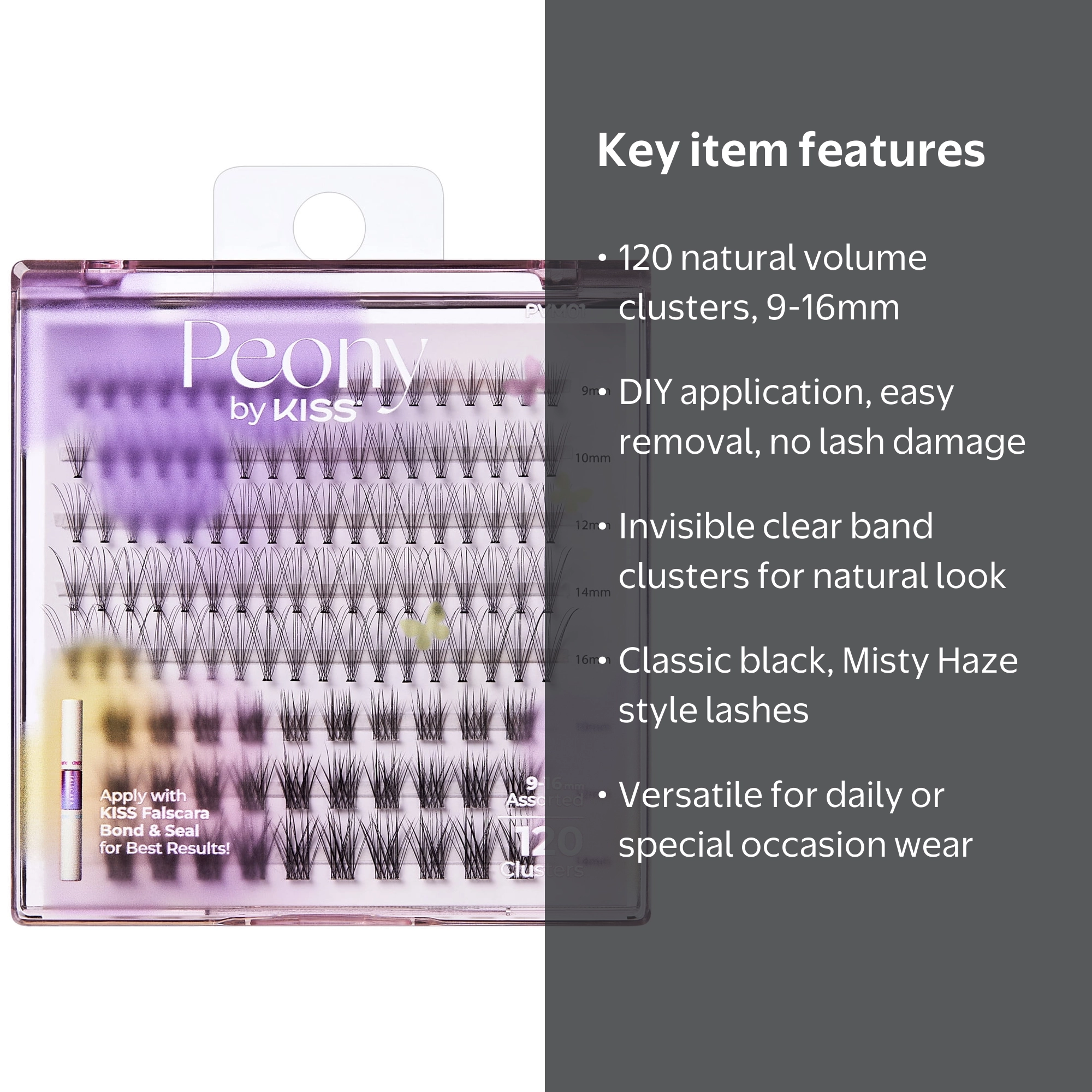 Kiss Peony False Eyelashes, Cluster Lashes, Misty Haze, Black, 9mm