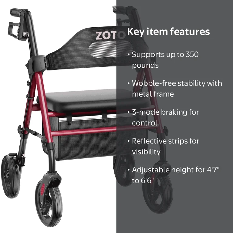 ZOTO Foldable Rollator Walker with Seat for Seniors, Height