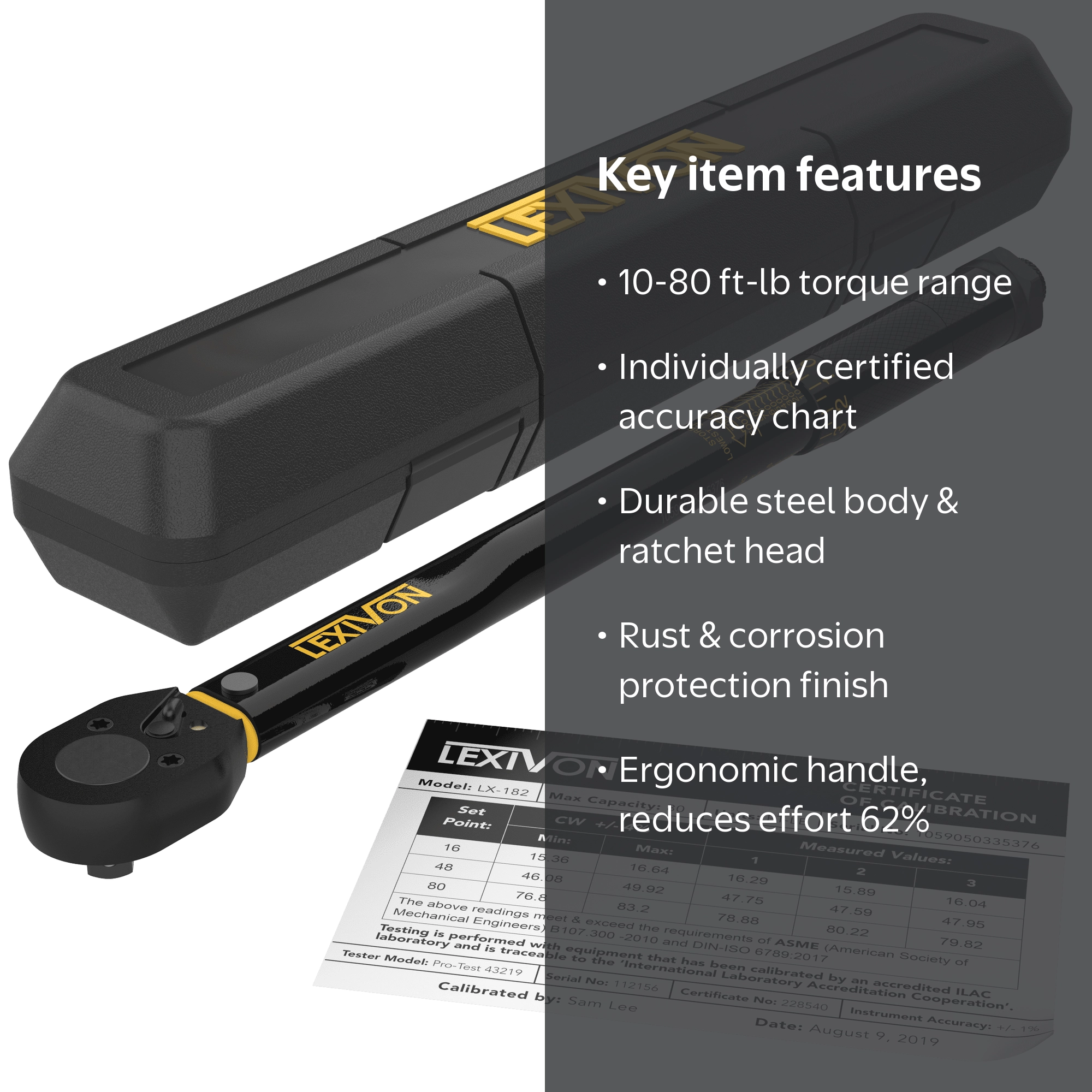 Lexivon, Torque Wrench, 3/8-Inch Drive, 10-80 FT-Lb Black