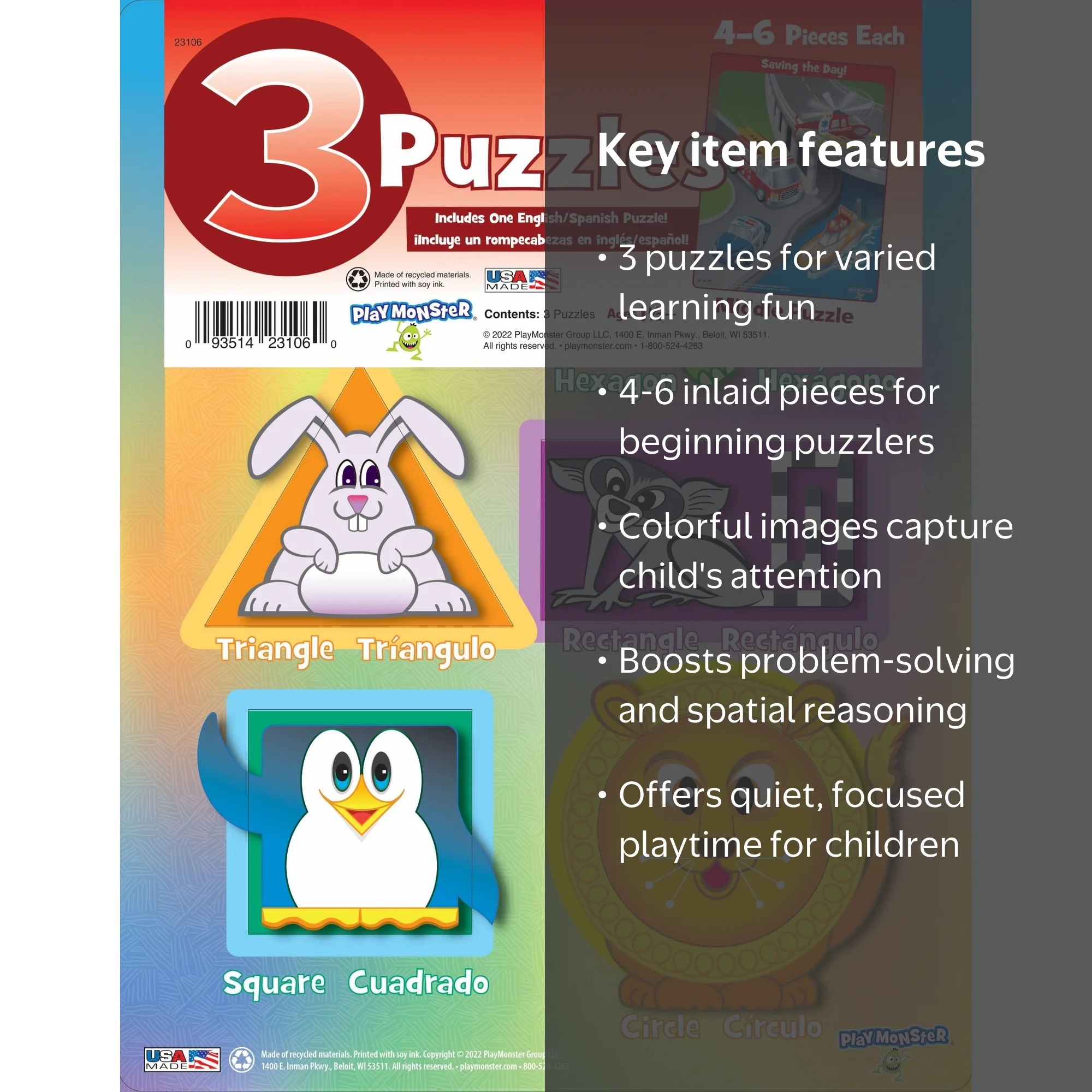 PlayMonster 3-Pack Preschool Puzzles - Educational, Colorful