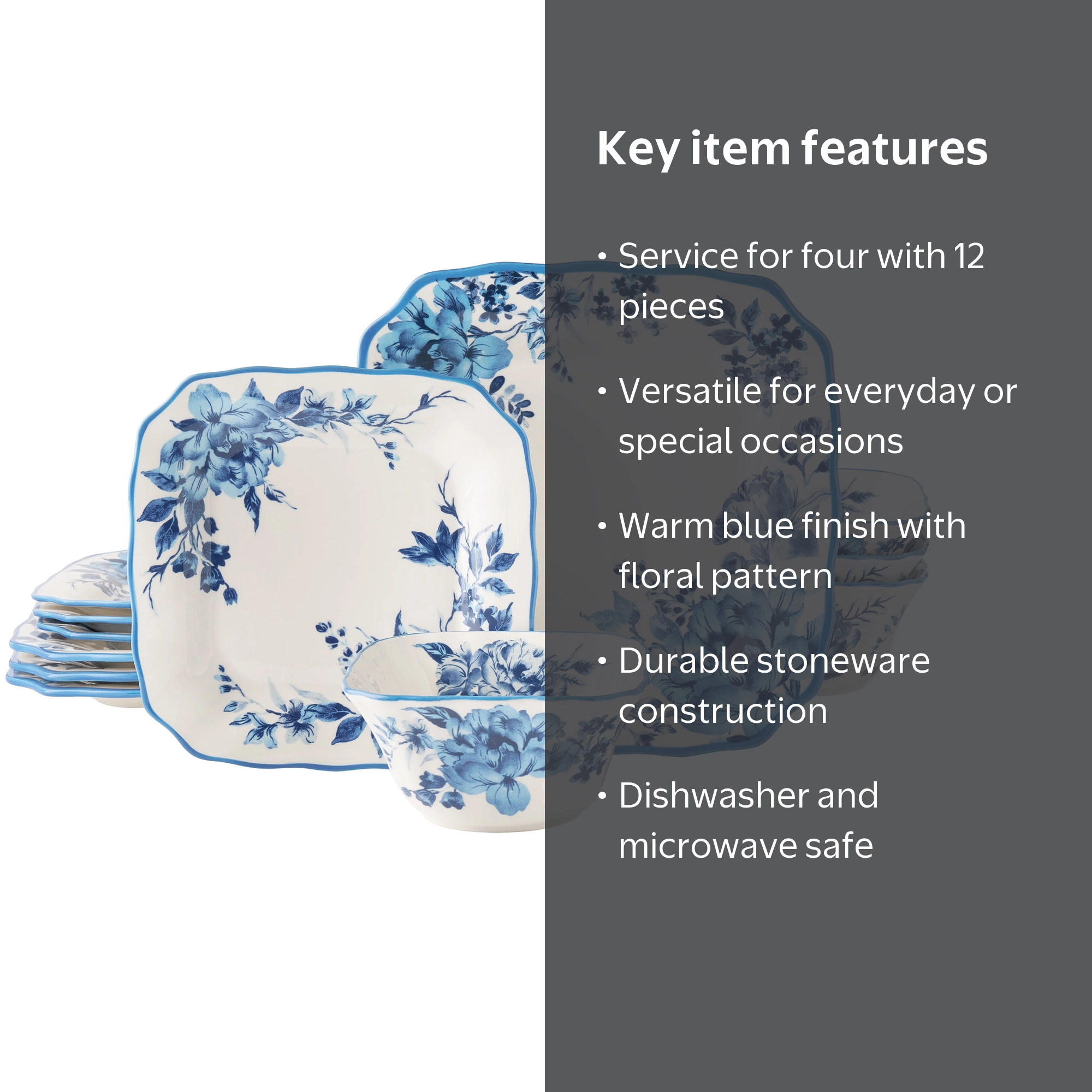 The Pioneer Woman, Delilah 12-Piece Stoneware Dinnerware Set, Blue