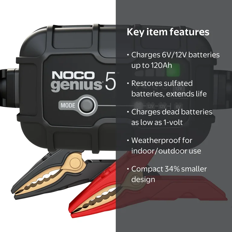 NOCO GENIUS5: 5A 6V/12V Smart Battery Charger, Maintainer