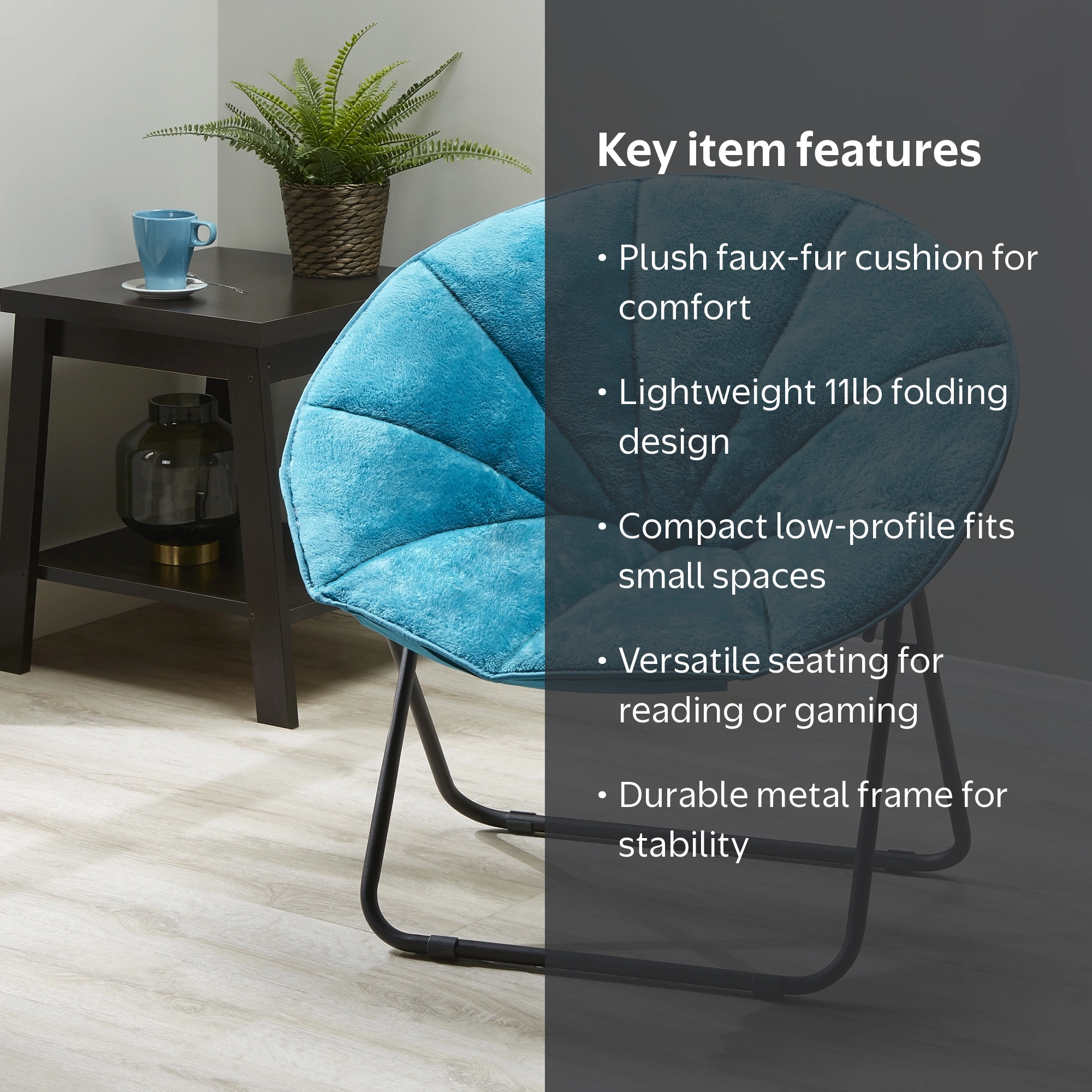 EcoFurnクッション付き Mainstays Folding Plush Saucer Chair Teal Faux Fur Cozy Compact
