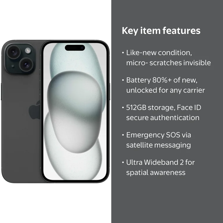 Apple iPhone 15, Fully Unlocked, 512GB, Black, Like-New Condition