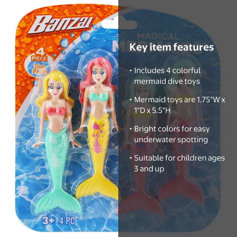 MERMAID ビキニセット Banzai, Water Pool Toy Dive Set, 4 Mermaid Toys, Bright Colors