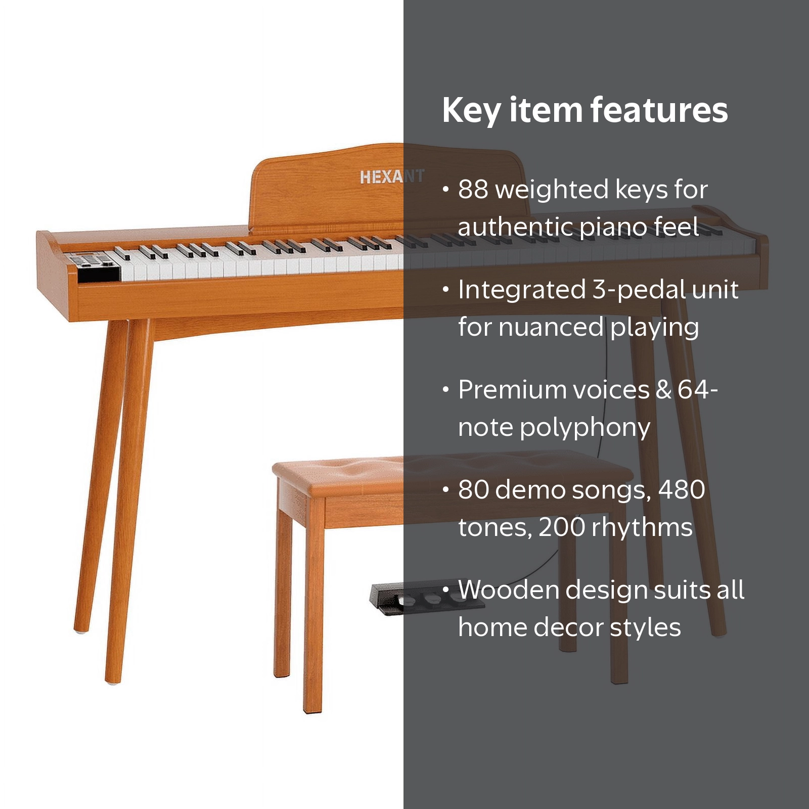 HEXANT 88-Key Digital Piano Keyboard, Hammer Weighted with 3-Pedal