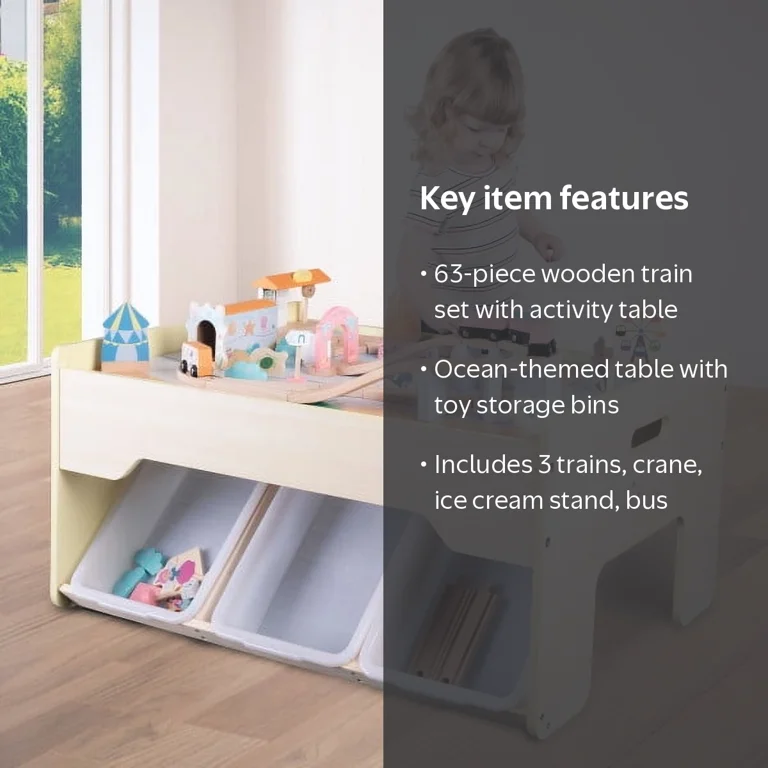 Hey! Play! Wooden Train Set and Storage with Tracks, Vehicles