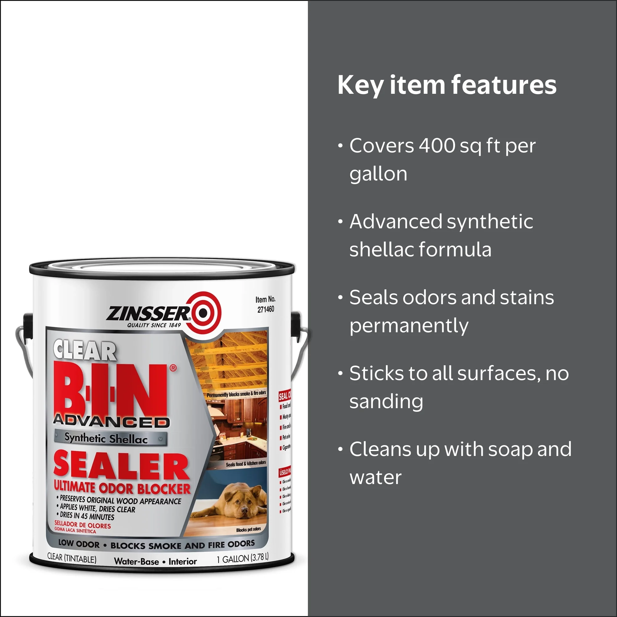 Clear, Zinsser Flat B-I-N Advanced Ultimate Synthetic Shellac Stain Blocker  Primer- Gallon, 1 Pack