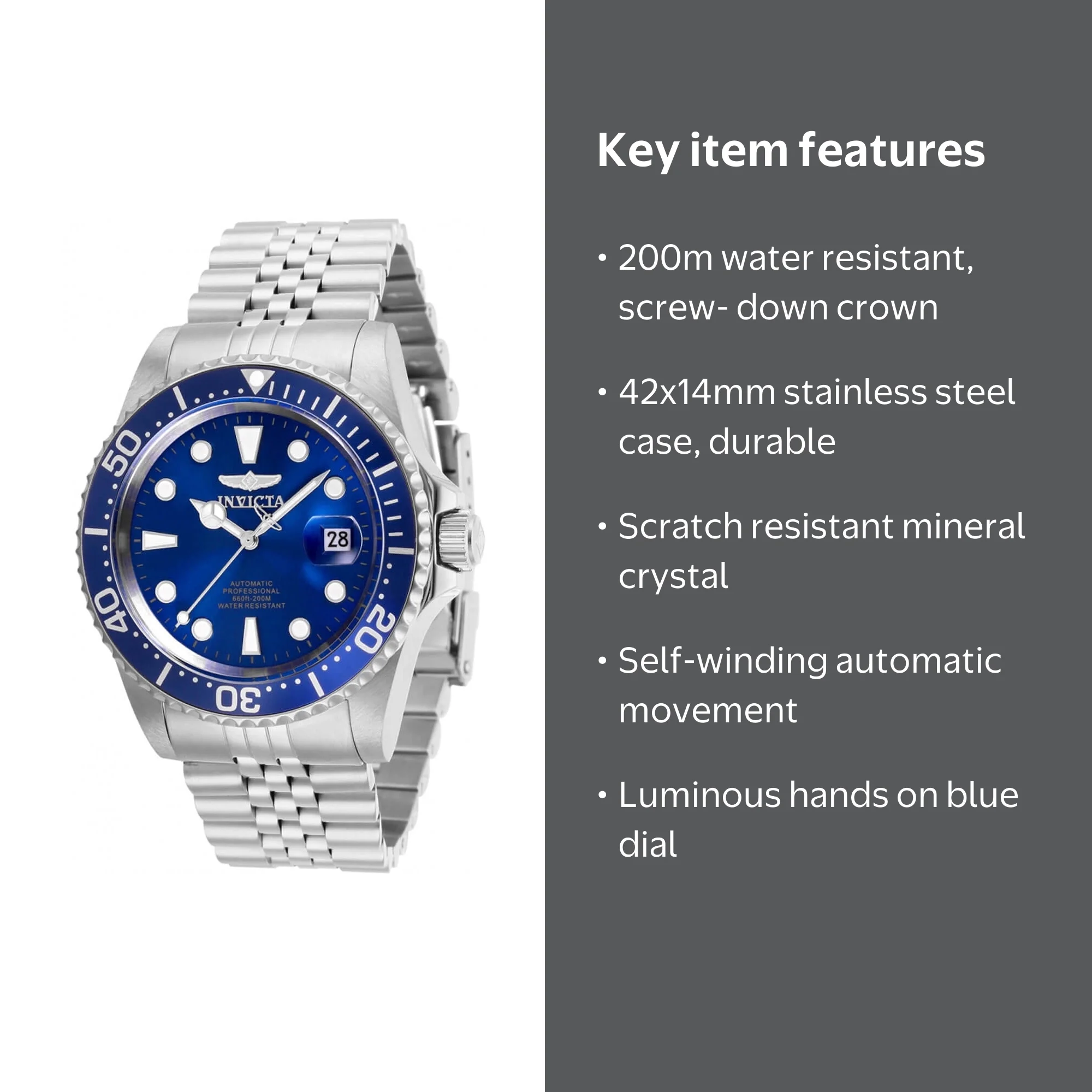 Invicta Pro Diver Men's Watch, Automatic, Blue Dial, Stainless