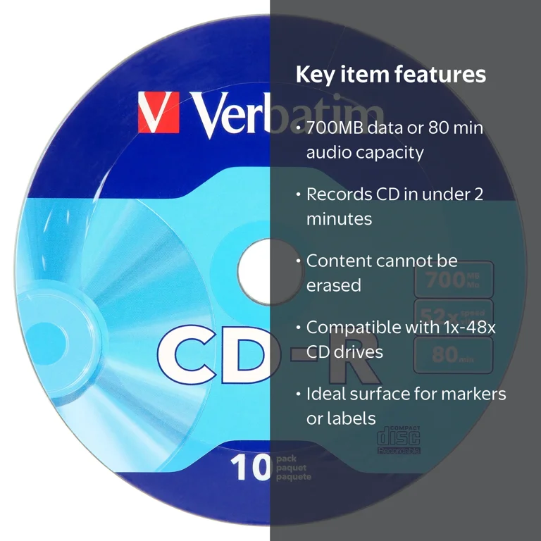 Verbatim CD-R 700MB 52X with Branded Surface - 10pk Wrap - Walmart.com