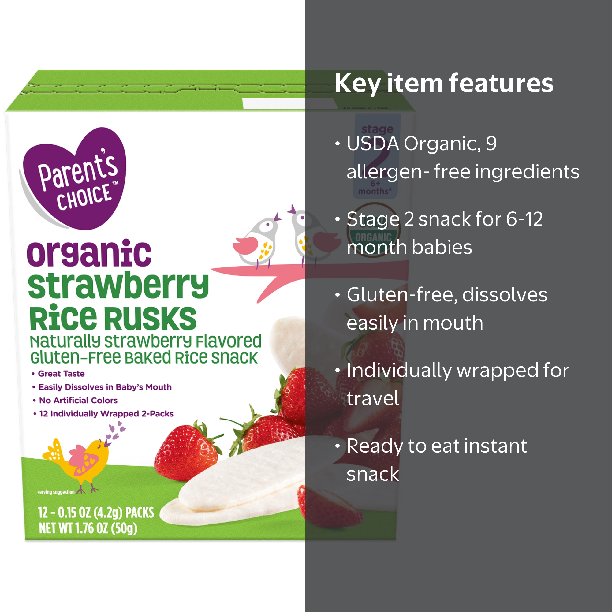 Parent's Choice Strawberry Rice Rusks Baby Snacks, 6+ Months, 12