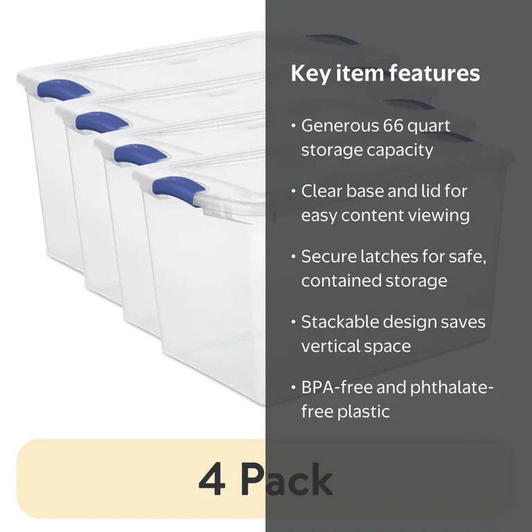 4 pack) Sterilite 66 Quart Large Latching Storage Bin, Clear