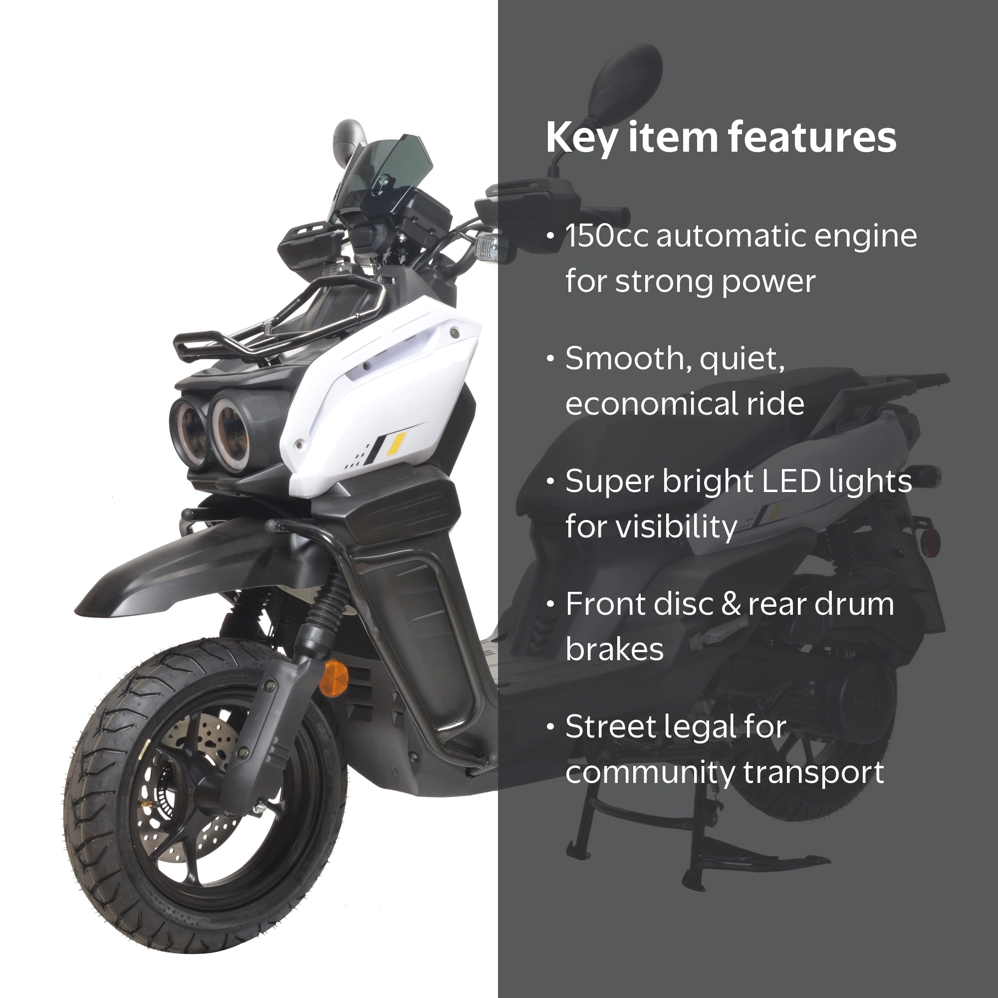HHH Tank 150 Moped Gas Scooter, 150cc, White, 12