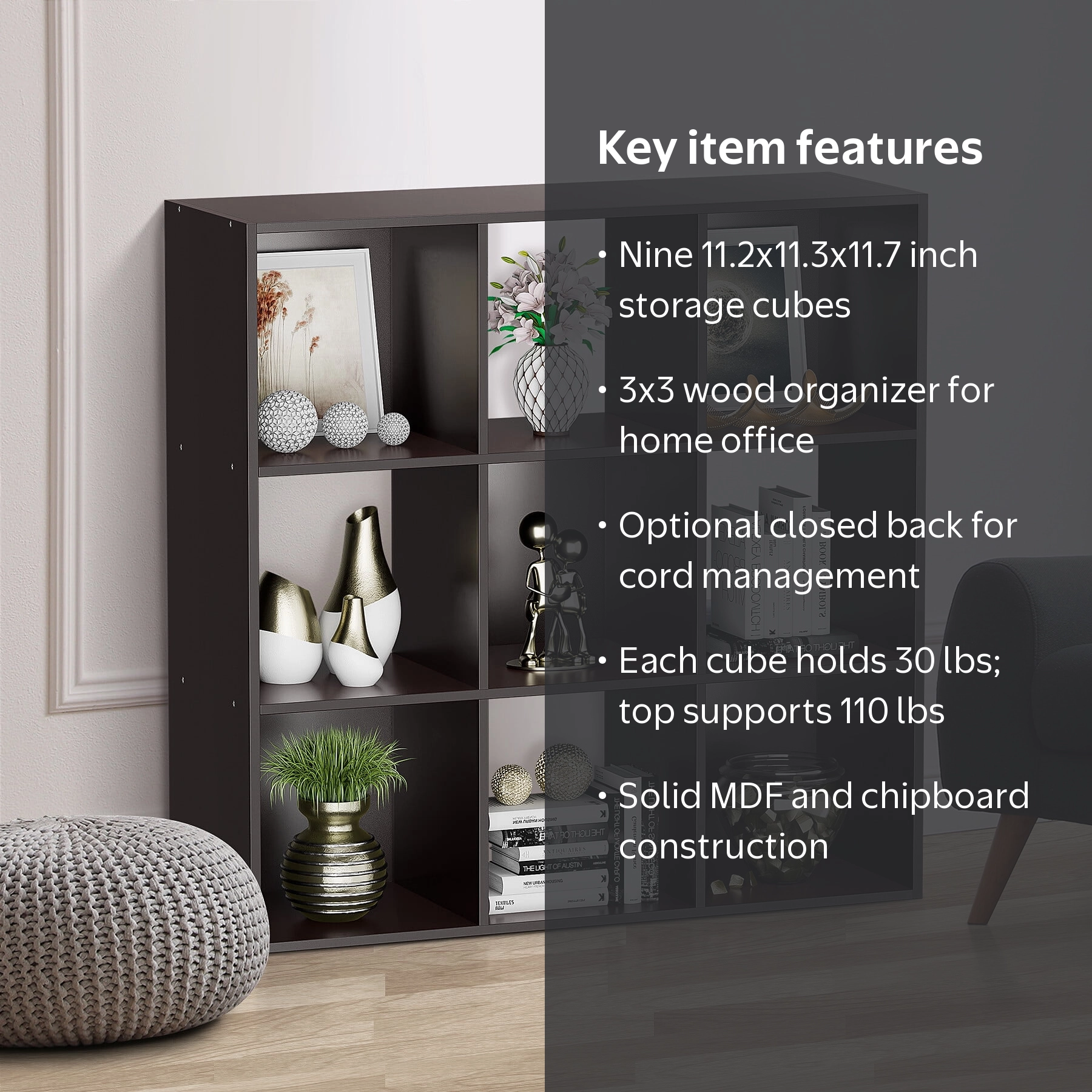 ZENY 3x3 Wooden Cube Organizer with Back Panel, 9-Cube Shelf Unit
