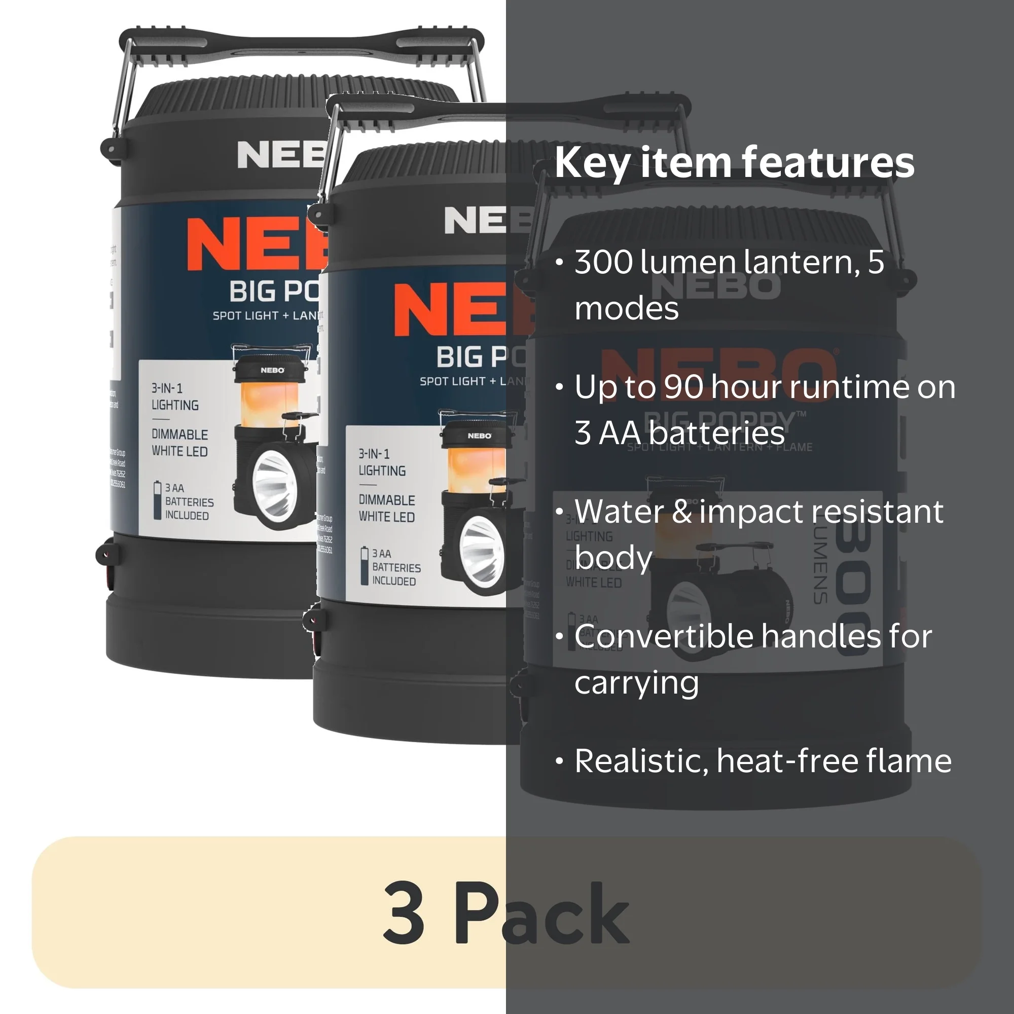 3 pack) NEBO Big Poppy 300 Lumen LED Lantern and 120 Lumen LED
