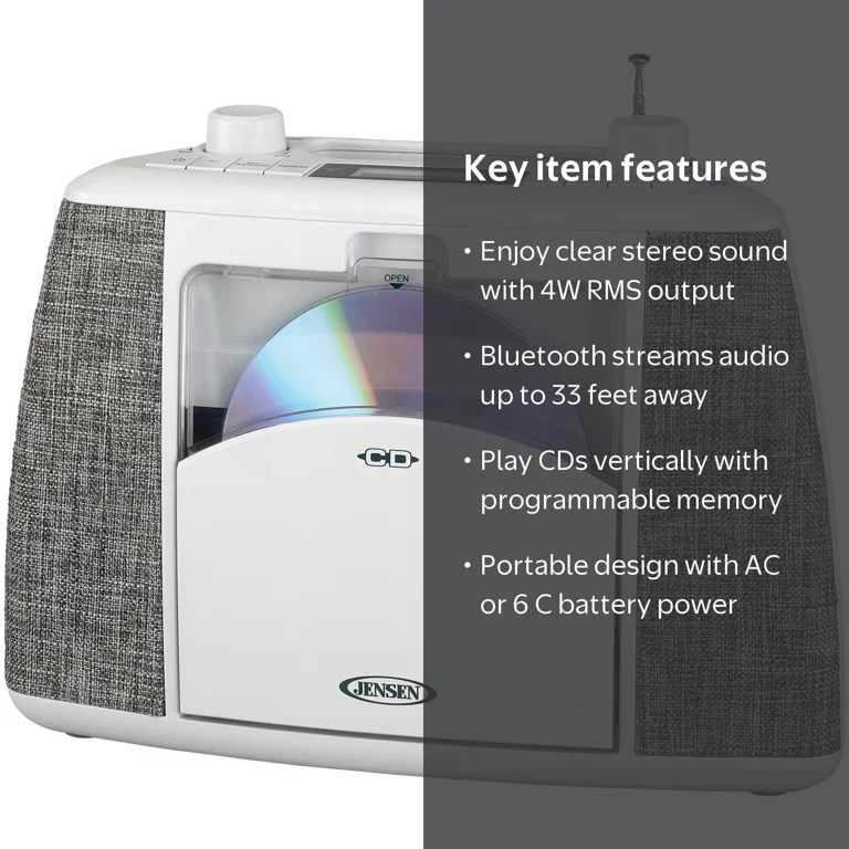 Jensen Portable Bluetooth CD Music System with FM Stereo Radio, CD